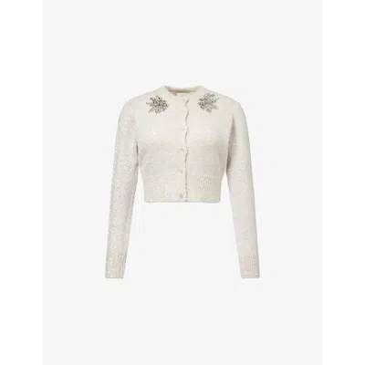 ERDEM WOMENS CHAMPAGNE SEQUIN-EMBELLISHED CROPPED ALPACA-BLEND CARDIGAN