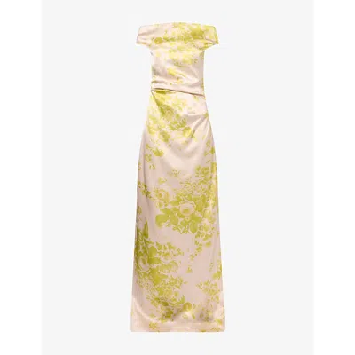 Erdem Womens Chartreuse Floral-print Duchess-satin Maxi Gown In Multi