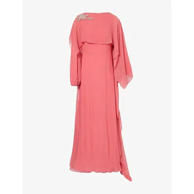 Erdem Womens Cherry Crystal-embellished Draped Silk Maxi Dress In Pink