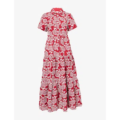 Erdem Womens Cherry Floral-embroidered Tiered Cotton-blend Midi Dress In Red