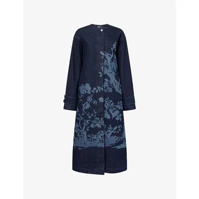 Erdem Womens Cyanotype Etching Indigo Floral-print Belted Cotton-denim Coat In Blue