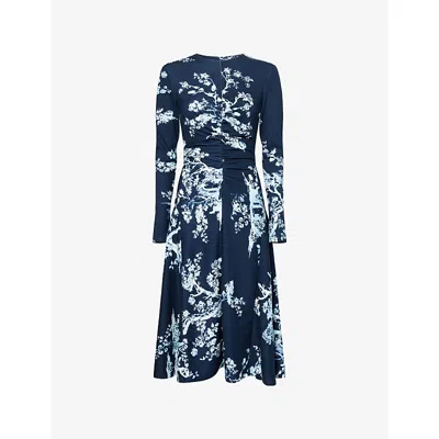 Erdem Womens Cyanotype Etching Navy Draped Floral Stretch-woven Midi Dress In Blue