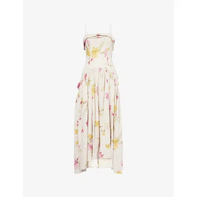 Erdem Womens Floral-print Oversized-pockets Linen Midi Dress Dancing Carnation