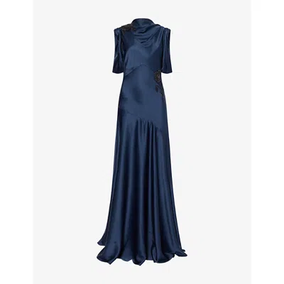 Erdem Womens Embellished Draped Satin Gown Navy In Blue