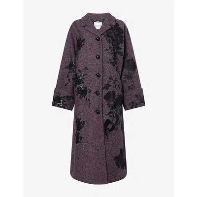 Erdem Womens Embellished Wool-blend Long Coat Black/pink In Purple