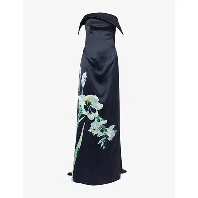 Erdem Womens  Duchess Floral-print Satin Maxi Dress In Mirrored Orchid Navy