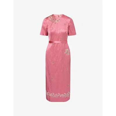 Erdem Womens Posie Embellished Textured Satin Pencil Midi Dress In Pink