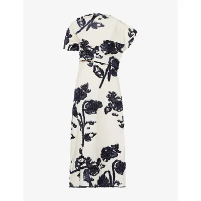 Erdem Womens Ivory-navy Fil Coupé Floral-jacquard Cotton-blend Midi Dress In White