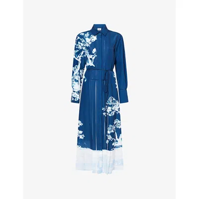 Erdem Womens Cyanotype Etching Navy Long-sleeve Floral-print Crepe-du-chine Midi Shirt Dress In Blue