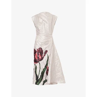 Erdem Womens Etched Tulip Cameo Pink Draped Floral-print Crinkle-crepe Midi Dress In Multi