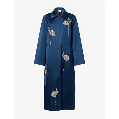 Erdem Womens Floral Crystal-embroidered Satin Coat Navy In Blue
