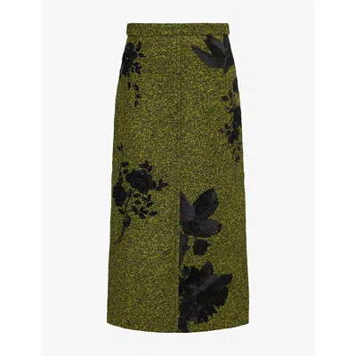 Erdem Womens Floral Embroidered Woven Midi Skirt Black/ Acid Yellow In Green