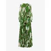 Erdem Womens Painted Rose Olive Floral-print Long-sleeve Chiffon Gown In Green