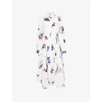 Erdem Womens Painted Rose White Floral-print Long-sleeve Cotton-poplin Midi Shirt Dress