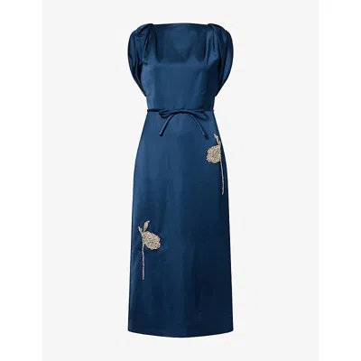 Erdem Womens Floral-embroidered Fitted Satin Midi Dress Navy