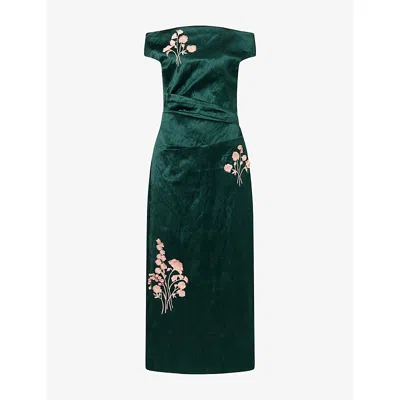 Erdem Womens Floral-embroidered Satin Maxi Dress Forest Green