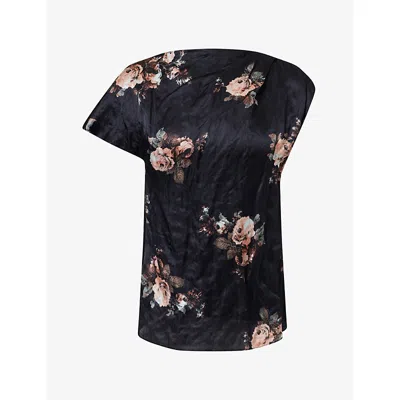 Erdem Asymmetric Draped Floral-print Metallic Crinkled-satin Blouse In Black
