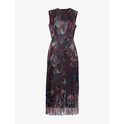 Erdem Womens Floral-print Fringed Cotton-blend Midi Dress Fonteyn Rose Burgundy In Brown