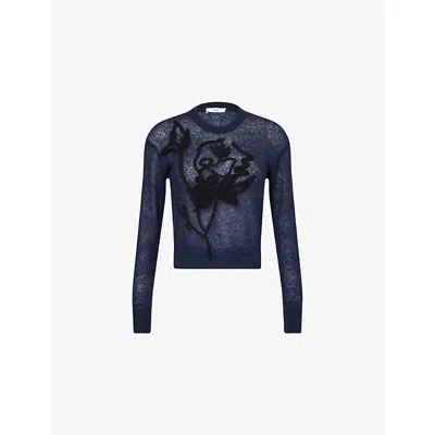 Erdem Womens Navy Flower-embroidered Crewneck Wool-blend Jumper In Blue