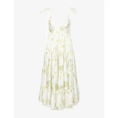Erdem Womens Leaf-print Sleeveless Flared Cotton Midi Dress Lilypad Vine White