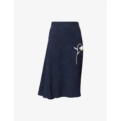 Erdem Womens Midnight Blue Drape Floral-jacquard Cotton-blend Midi Skirt