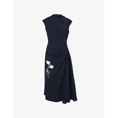 Erdem Womens Midnight Blue Draped Cotton-blend Midi Dress