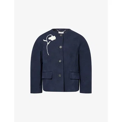 Erdem Womens Midnight Blue Flower-jacquard Cotton-blend Crop Jacket
