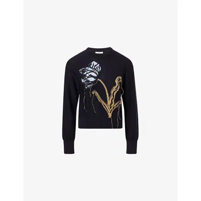 Erdem Womens Navy Embroidered-floral Wool-and-cotton Jumper In Black