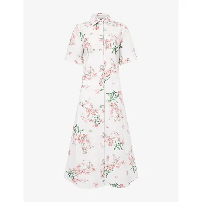 Erdem Womens Painted Orchidpetal Pink Floral Short-sleeve Cotton Midi Dress In White