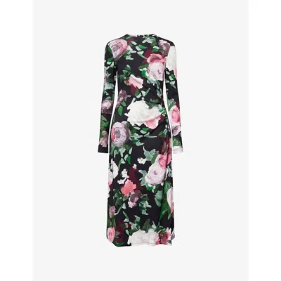 Erdem Womens Painted Rose Black Floral Draped Stretch-woven Midi Dress