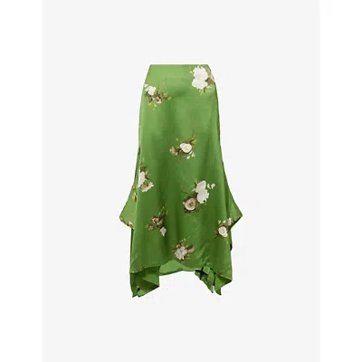 Erdem Womens Painted Rose Olive Asymmetric Floral Woven Midi Skirt