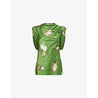 Erdem Womens Painted Rose Olive Floral  Draped Woven Top