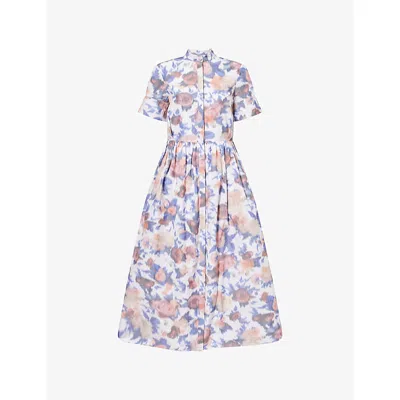 Erdem Womens Painted Rose White Floral Short-sleeves Cotton-blend Midi Dress