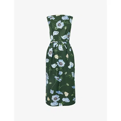 Erdem Womens Poppy Dark Green Floral Sleeveless Cotton-blend Pencil Midi Dress