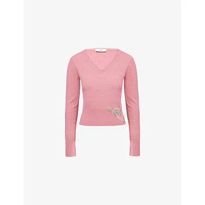 Erdem Womens Rose Pink Embellished Cropped Knitted Jumper