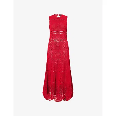 Erdem Womens Ruby Red Flared Crochet Cotton Midi Dress