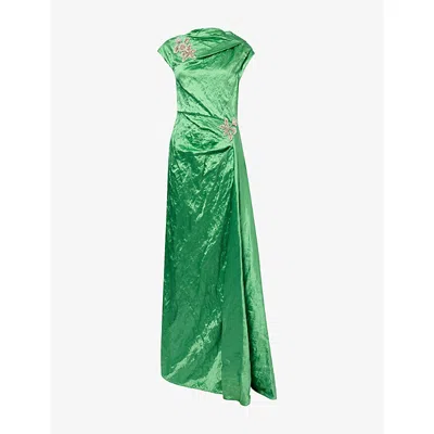 Erdem Womens Sea Green Draped Embellished Satin Maxi Gown