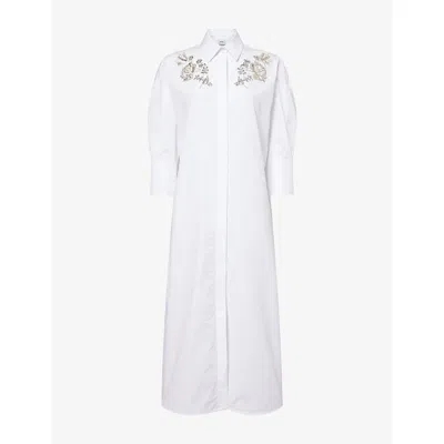 Erdem Womens White Embellished Long-sleeves Cotton-poplin Midi Dress