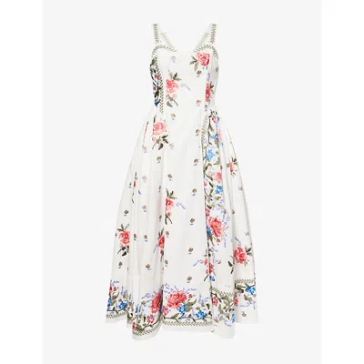 Erdem Womens White Floral-embroidered Bustier Cotton Midi Dress In Multi