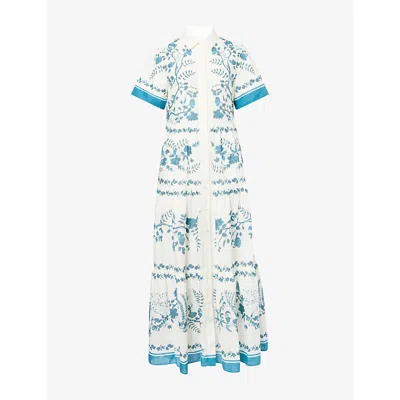 Erdem Womens Wild Fern Bot Dream Blue Botanical-print Tiered Cotton And Linen-blend Midi Shirt Dress In White