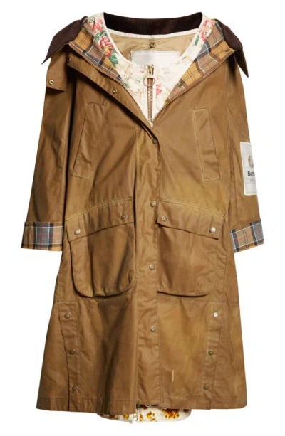 Erdem X Barbour Waxed Cotton Hooded Coat With Removable Waistcoat In Brown Multi