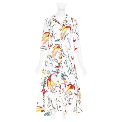 Pre-owned Erdem 2917 Kasia White Cotton Poplin Paisley Bird Floral Shirt Dress Uk10 M
