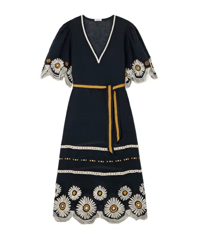 Eres Hortense Belted Scalloped Embroidered Linen Midi Dress In Black