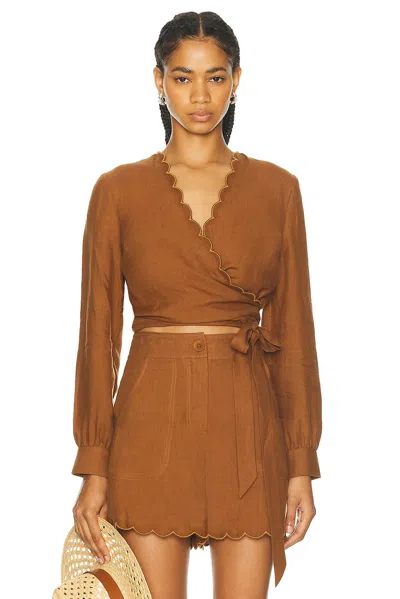 Eres Joli Scalloped Linen Wrap Top In Caramelo