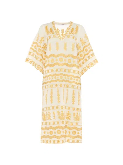 Eres Luxuriance Embroidered V-neck Midi Dress In Gold