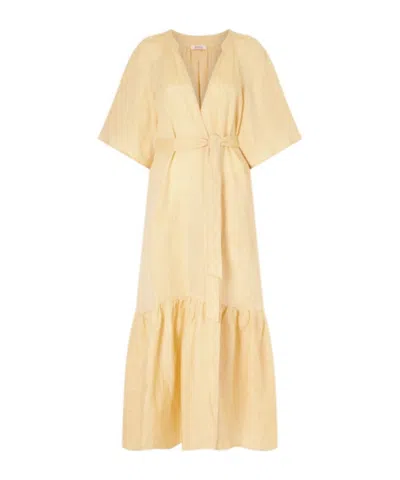 Eres Audacieuse Belted Tiered Linen Midi Dress In Yellow