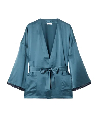 Eres Ondine Belted Lace-trimmed Silk-satin Robe In Blue