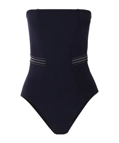 Eres Evening Pétillant Strapless Metallic Striped Grosgrain-trimmed Swimsuit In Blue