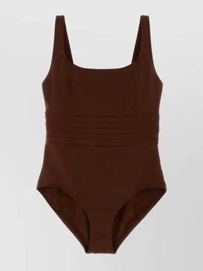 Eres Ribbed Square Neckline Wide Straps Swimsuit In Brown