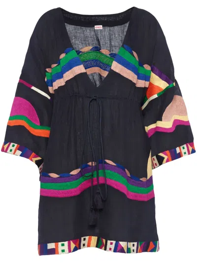 Eres Solar Embroidered Linen Kaftan In Black